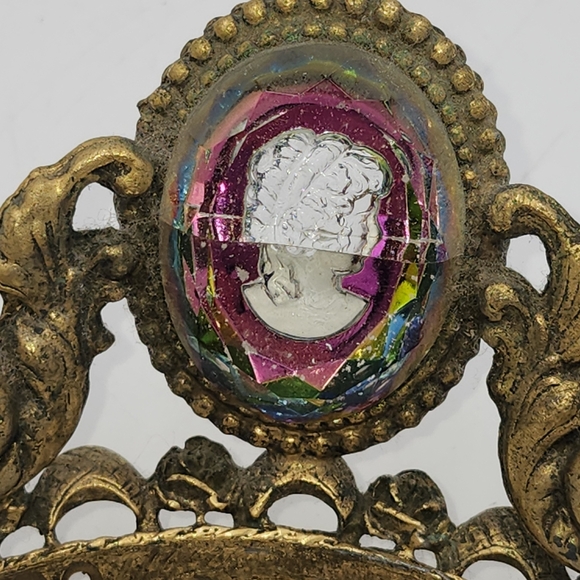 VINTAGE BRASS ORMOLU VANITY trinket Dish bowl frosted Glass CAMEO Guild Crest - Picture 13 of 13